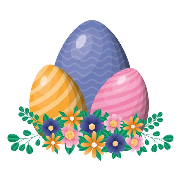 Happy easter eggs with flowers and leaves vector design — Stock Vector