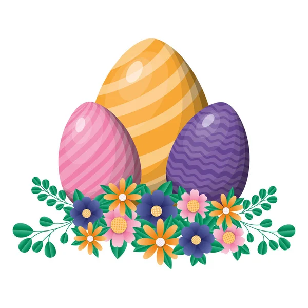 Happy easter eggs with flowers and leaves vector design — Stock Vector