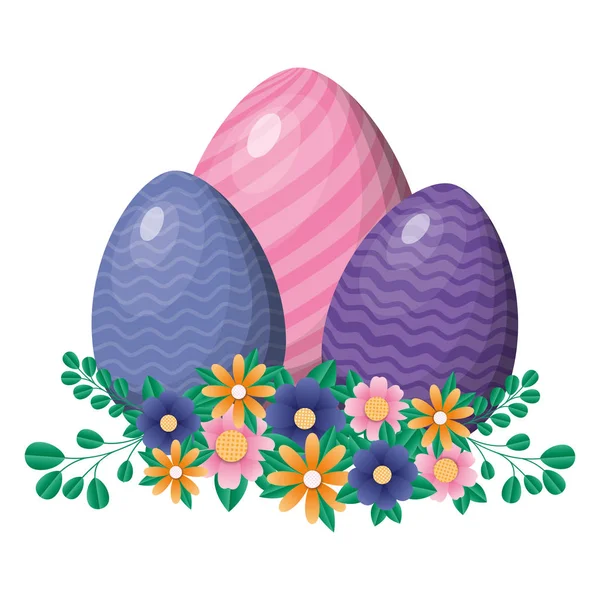 Oeufs de Pâques heureux avec des fleurs et des feuilles design vectoriel — Image vectorielle