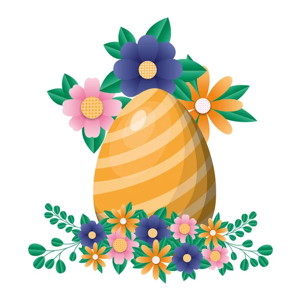 Feliz huevo de Pascua con flores y hojas diseño de vectores — Vector de stock