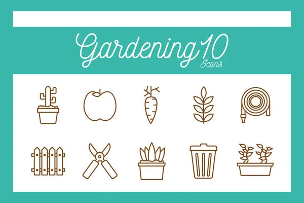 10 design de vetor conjunto de ícones de estilo de linha de jardinagem — Vetor de Stock
