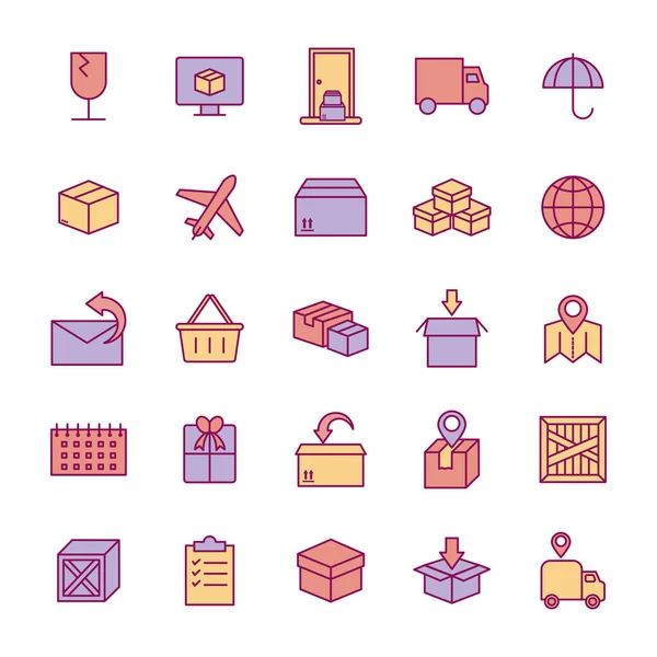 Isolated delivery line and fill style icon set vector design — 图库矢量图片