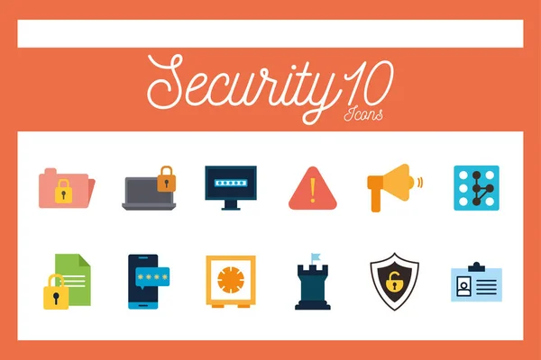 10 aislado de seguridad de estilo plano icono conjunto de diseño de vectores — Vector de stock