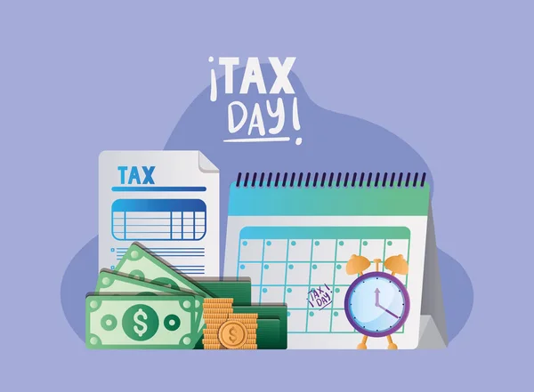 Tax day document calendar clock bills and coins vector design — Stock vektor