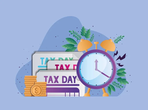 Tax day documents clock coins and leaves vector design — Wektor stockowy