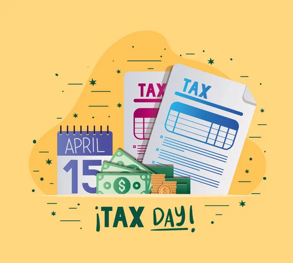 Tax day documents calendar bills and coins vector design — Stock Vector