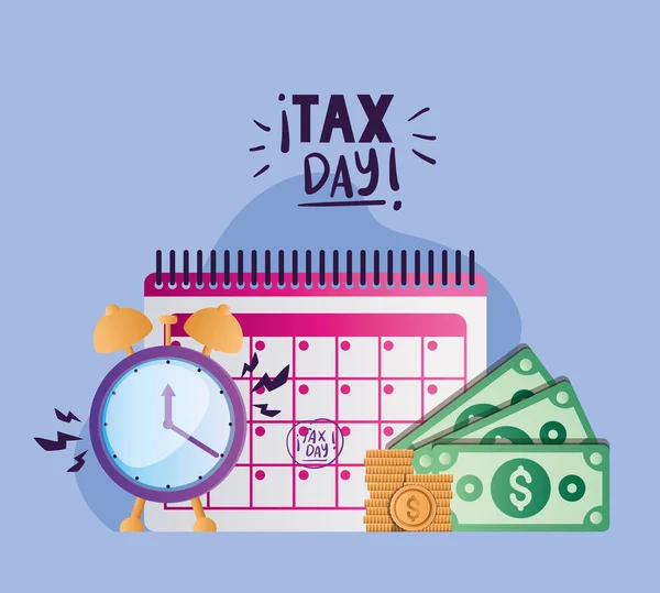 Tax day calendar clock bills and coins vector design — Stock Vector