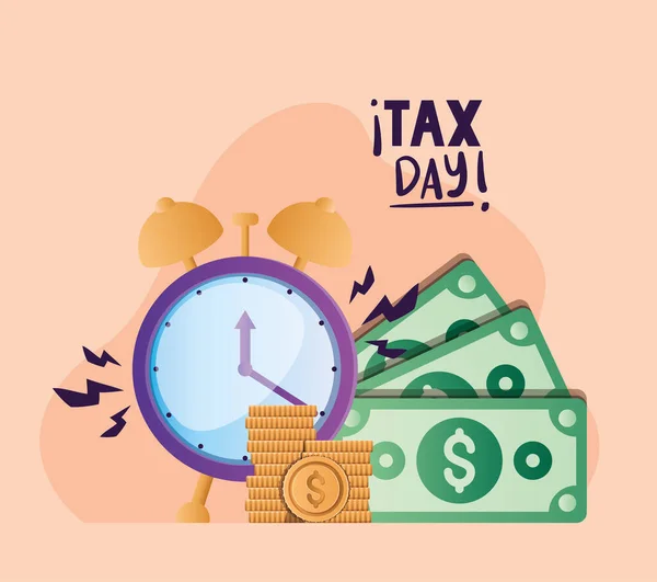 Tax day clock coins and bills vector design — Stock vektor