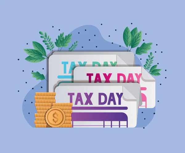 Tax day documents coins and leaves vector design — Wektor stockowy