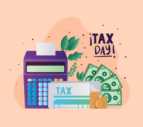 Tax day document calculator coins bills and leaves vector design — Stock vektor
