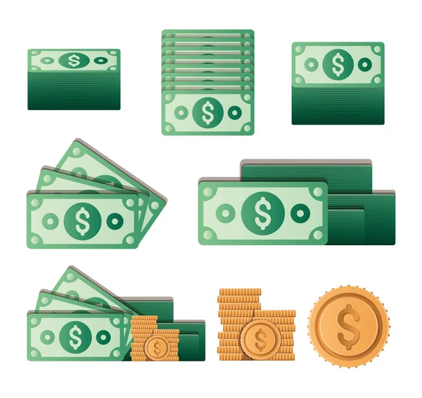 Monedas de dinero aisladas y billetes de diseño vectorial conjunto — Vector de stock
