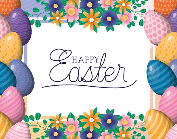 Happy easter eggs and flowers frame vector design — Wektor stockowy