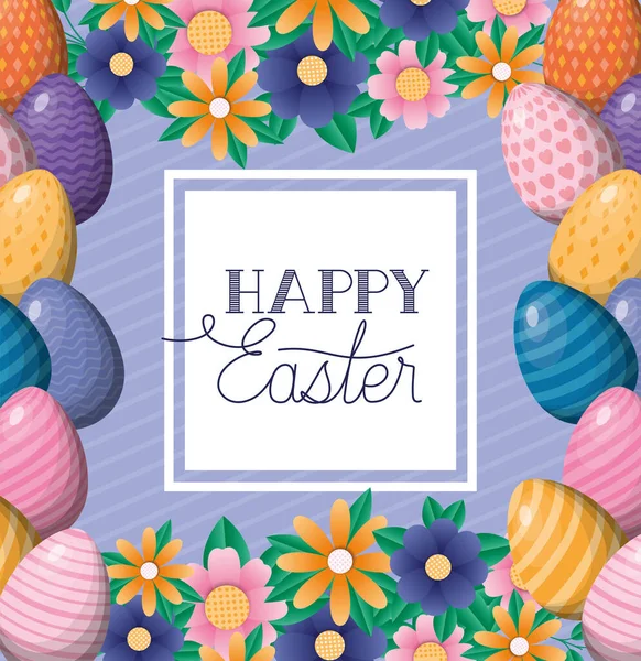 Happy easter eggs and flowers frame vector design — Wektor stockowy