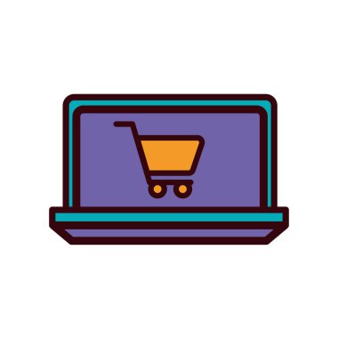 Dizüstü bilgisayar çizgisi içinde izole edilmiş alışveriş arabası ve biçim ikonu vektör tasarımını doldur