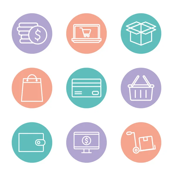 Shopping line and block style icon set vector design — Stock Vector