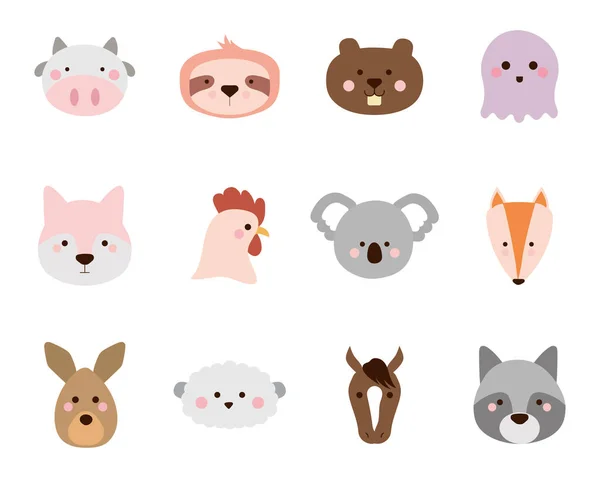 Cute animals cartoons flat style icon set vector design — Stock Vector