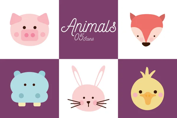 5 animaux mignons dessins animés style plat icône ensemble vectoriel design — Image vectorielle