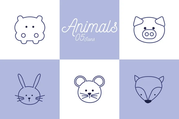 5 Animais bonitos desenhos animados linha estilo ícone conjunto vetor design — Vetor de Stock