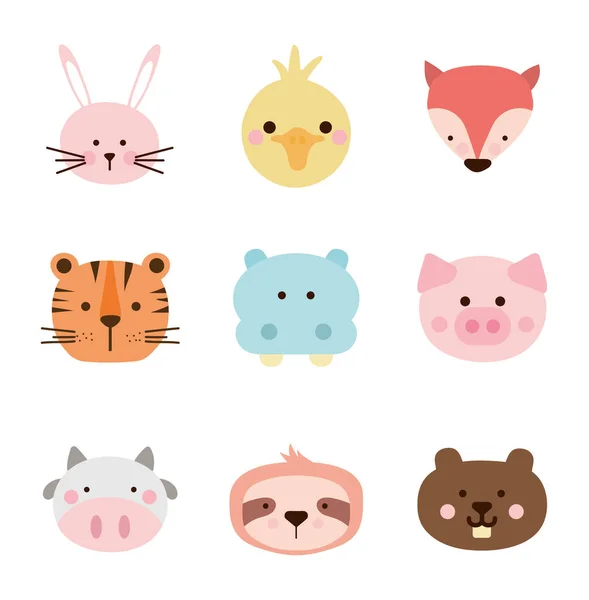 Animaux mignons dessins animés style plat icône ensemble vectoriel design — Image vectorielle