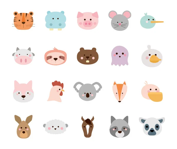 Animaux mignons dessins animés style plat icône ensemble vectoriel design — Image vectorielle