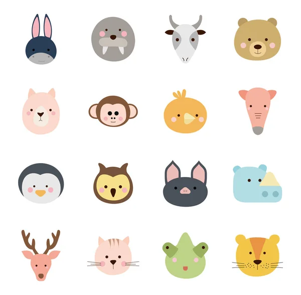 Animales lindos dibujos animados estilo plano icono conjunto de diseño de vectores — Archivo Imágenes Vectoriales