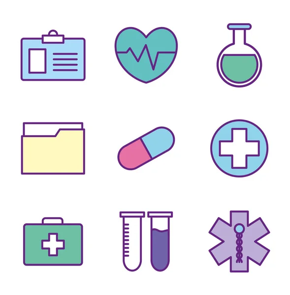 Medical line and fill style icon set vector design — 스톡 벡터