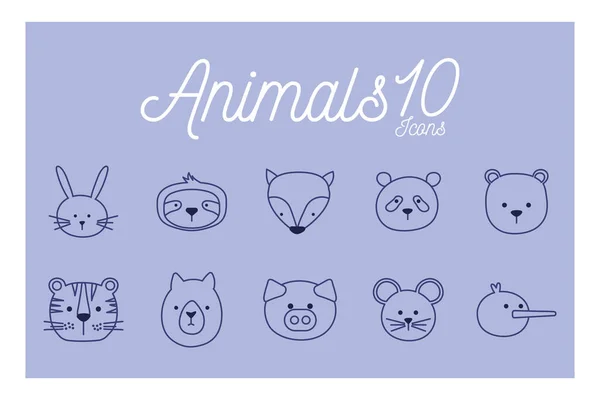 10 Leuke dieren cartoons lijn stijl pictogram set vector ontwerp — Stockvector