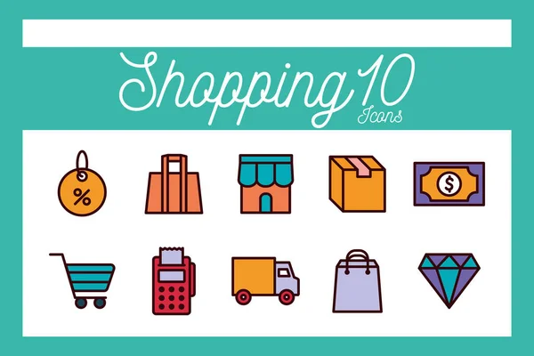 10 shopping line and fill style icon set vector design — Stock Vector