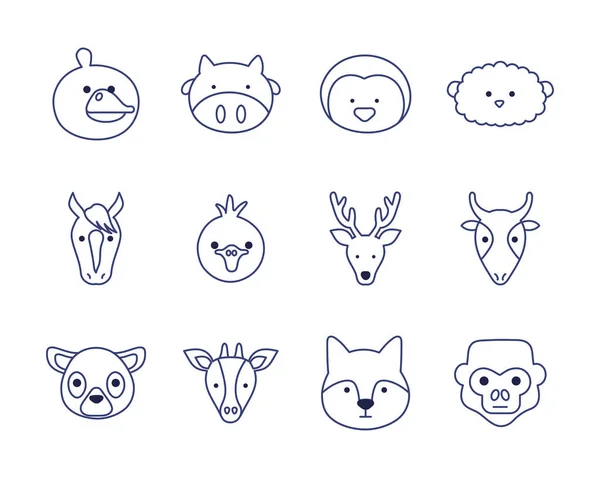 Animales lindos dibujos animados línea estilo icono conjunto vector diseño — Archivo Imágenes Vectoriales