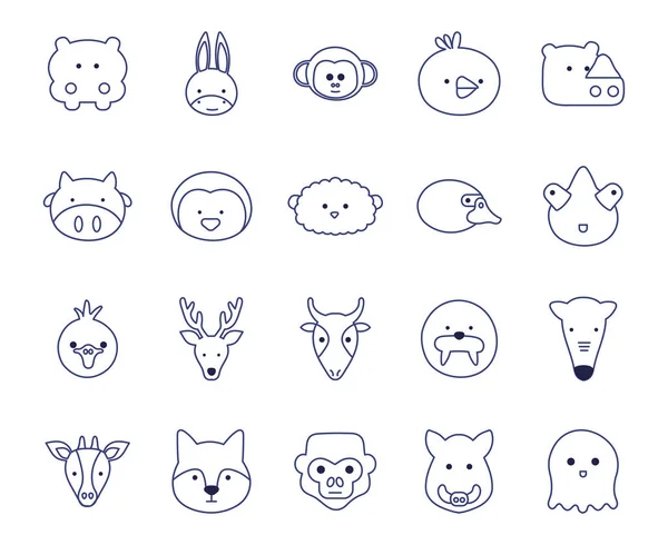Cute zwierząt kreskówki linii styl ikona zestaw wektor projektu — Wektor stockowy