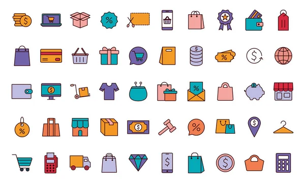 Línea de compras y relleno icono estilo conjunto vector diseño — Archivo Imágenes Vectoriales