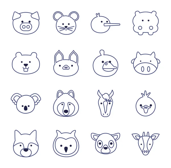 Animales lindos dibujos animados línea estilo icono conjunto vector diseño — Archivo Imágenes Vectoriales