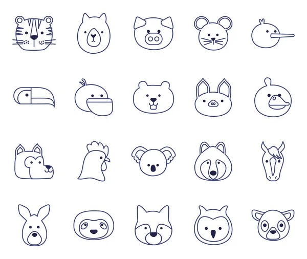 Animales lindos dibujos animados línea estilo icono conjunto vector diseño — Archivo Imágenes Vectoriales