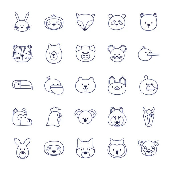 Animales lindos dibujos animados línea estilo icono conjunto vector diseño — Archivo Imágenes Vectoriales