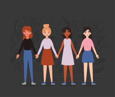 Women avatars holding hands vector design