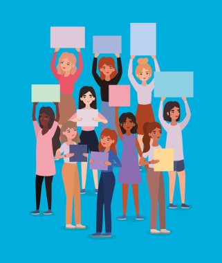Women avatars holding banners vector design