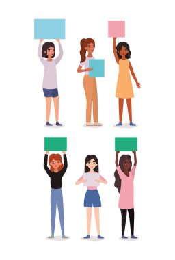 Women avatars holding banners vector design