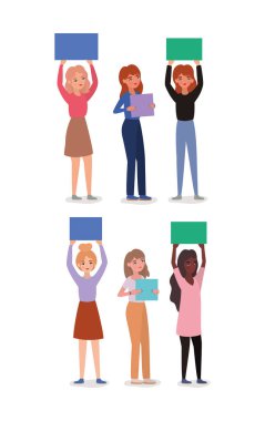 Women avatars holding banners vector design
