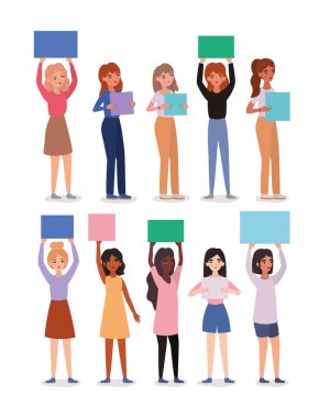 Women avatars holding banners vector design