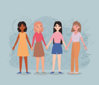 Women avatars holding hands vector design