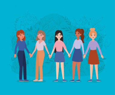 Women avatars holding hands vector design