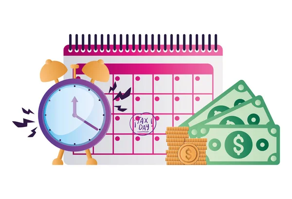 Dia fiscal calendário contas de relógio e moedas design vetorial — Vetor de Stock
