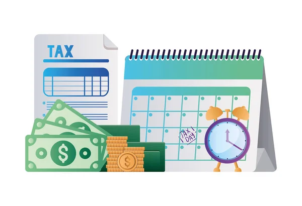 Tax day calendar clock document bills and coins vector design — Διανυσματικό Αρχείο