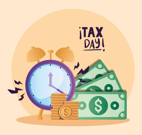 Tax day clock bills and coins vector design — Stock vektor