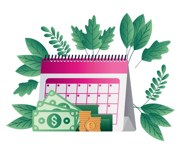 Tax day calendar bills and coins vector design — Stock Vector
