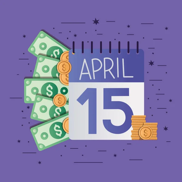 Día de impuestos calendario billetes y monedas diseño vectorial — Vector de stock