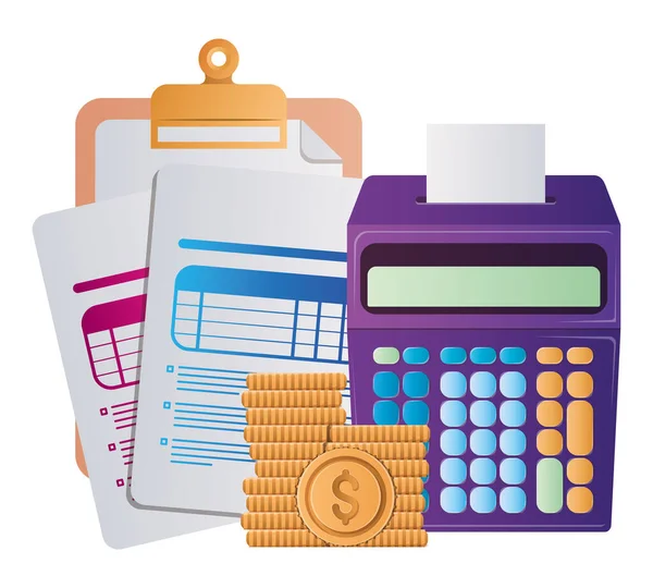 Moedas de documentos fiscais isolados e design vetorial calculadora — Vetor de Stock
