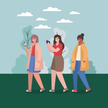 Park vektör tasarımında akıllı telefonları olan kızlar