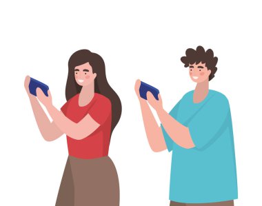 Akıllı telefon vektör tasarımlı kız ve oğlan