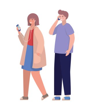 Akıllı telefon vektör tasarımlı kız ve erkek.